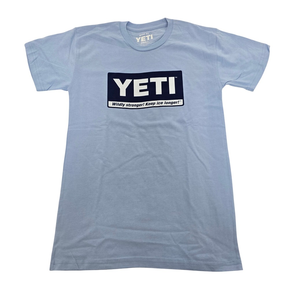 Yeti Mens Small Light Blue Graphic Logo T-Shirt Wildly Stronger Keep Ice Longer